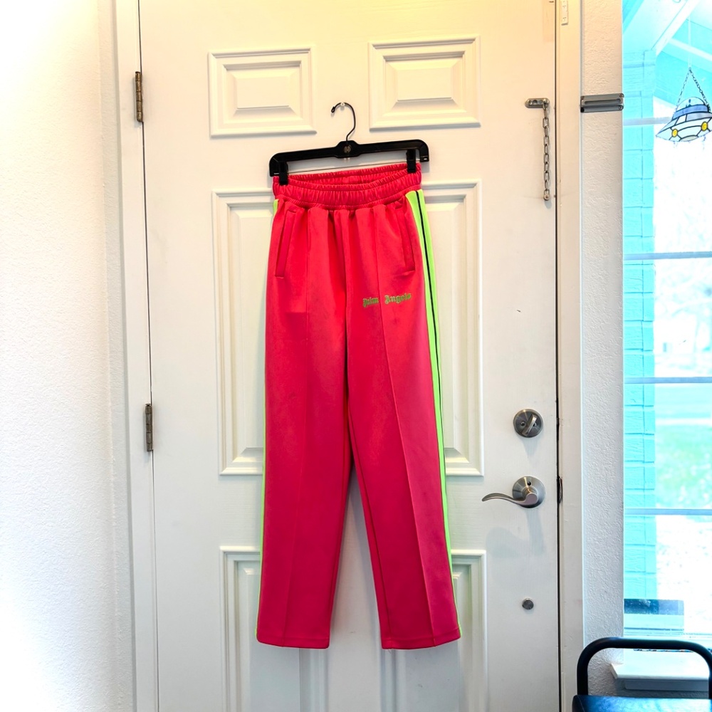 🩷 💚 Palm Angels Track Pants w/imperfections Sz S Neon Pink w/ Neon Green - Picture 3 of 16